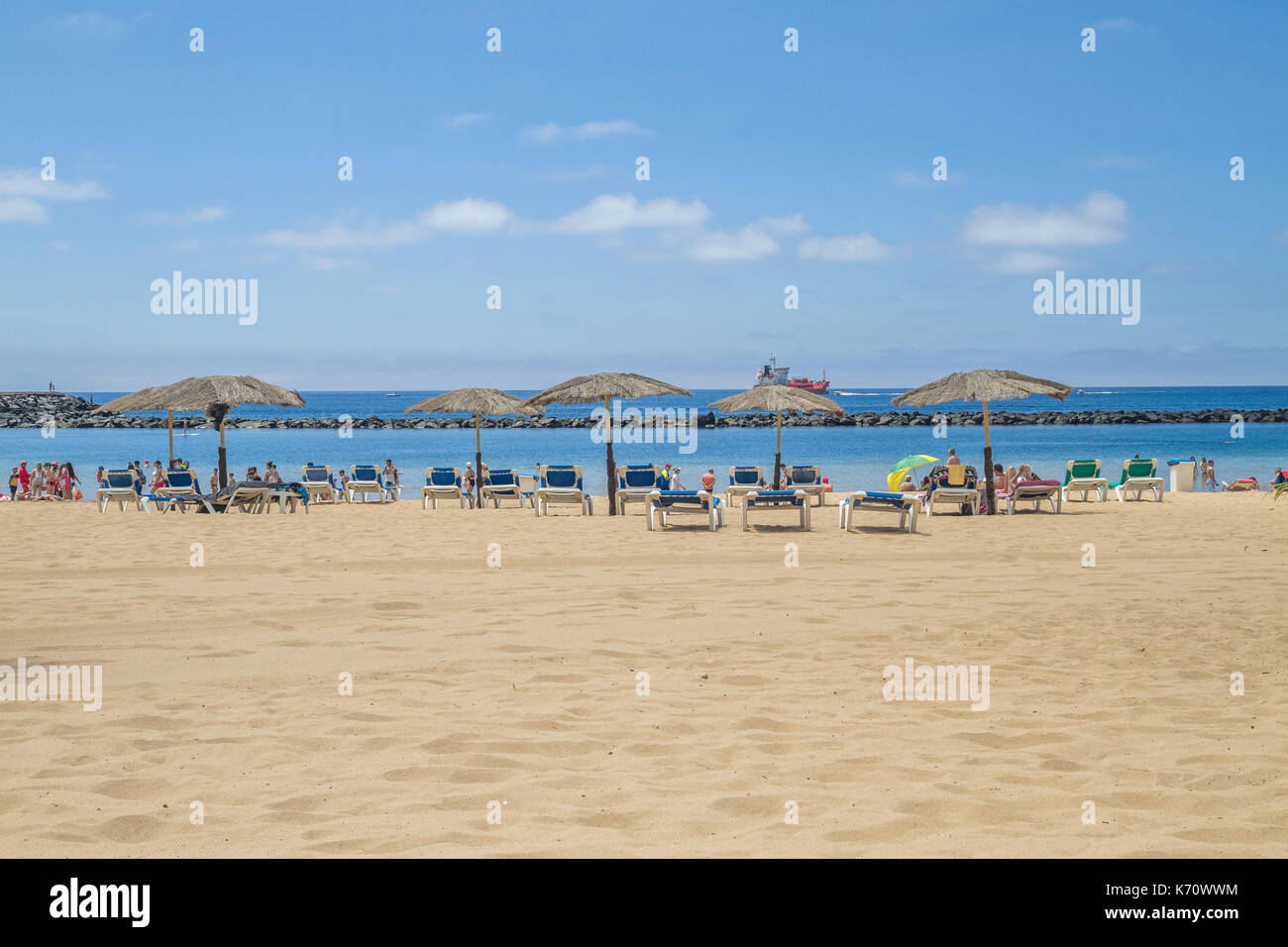 Tenerife, Spain, beach, palms and peoples. White beach. 2015 Stock ...