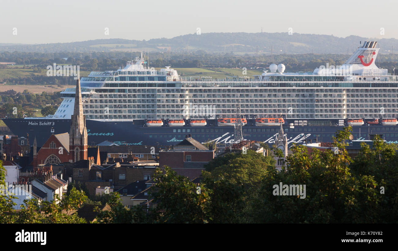 Cruise ship Mein Schiff 3 pictured passing Gravesend on her way to the cruise terminal at Tilbury. Stock Photo