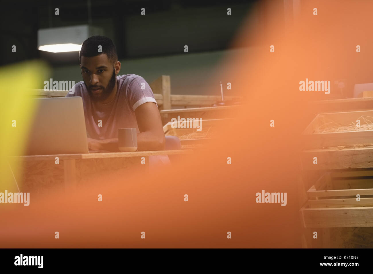 Young man using laptop while sitting in cafeteria Stock Photo