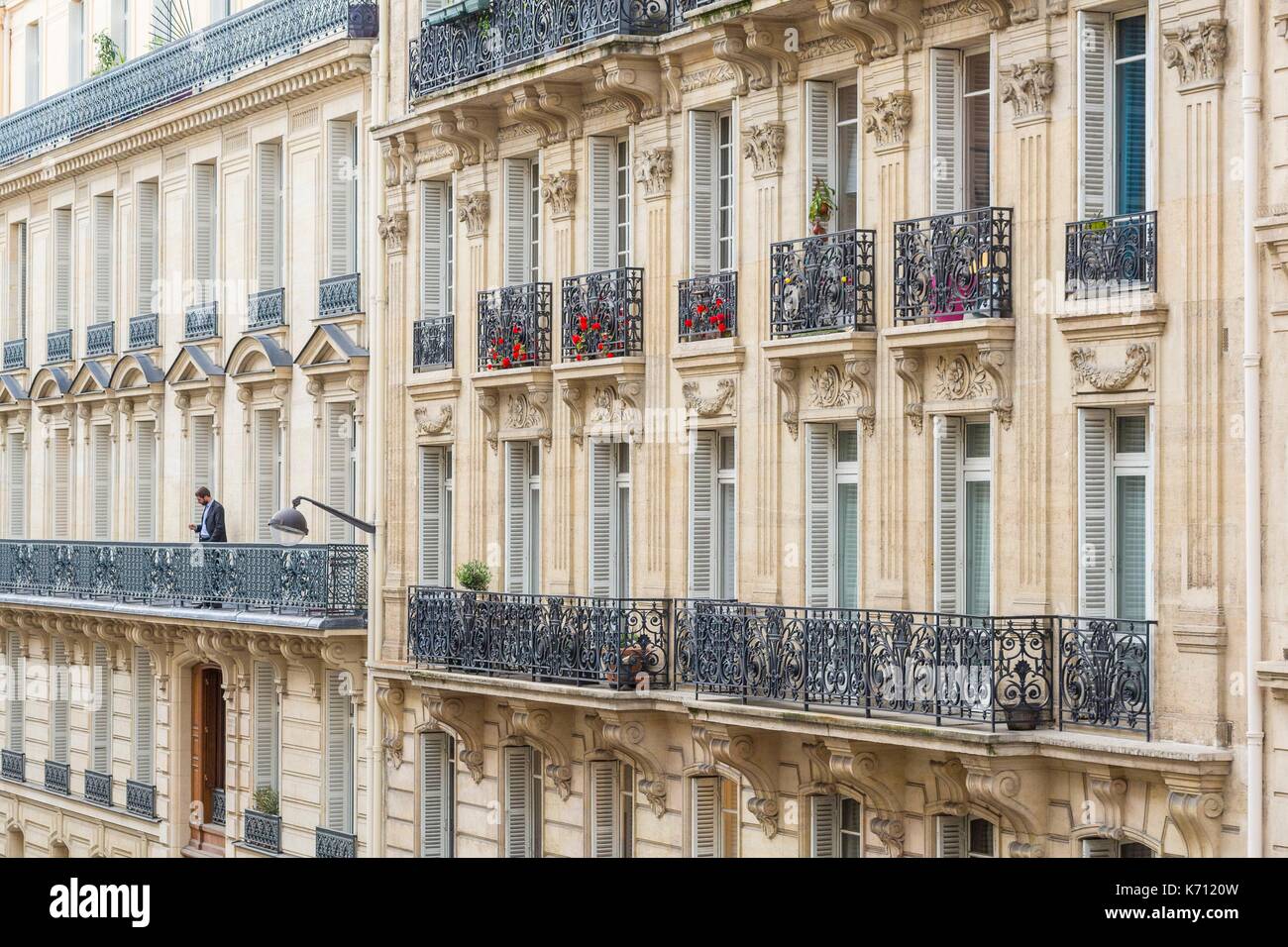 France, Paris, district of Europe, Rue de Madrid, facades of Haussmann buildings Stock Photo