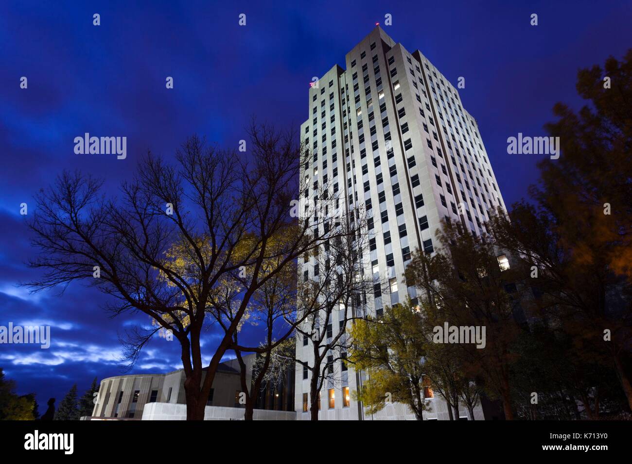 United States, North Dakota, Bismarck, North Dakota State Capitol, exterior, dusk Stock Photo