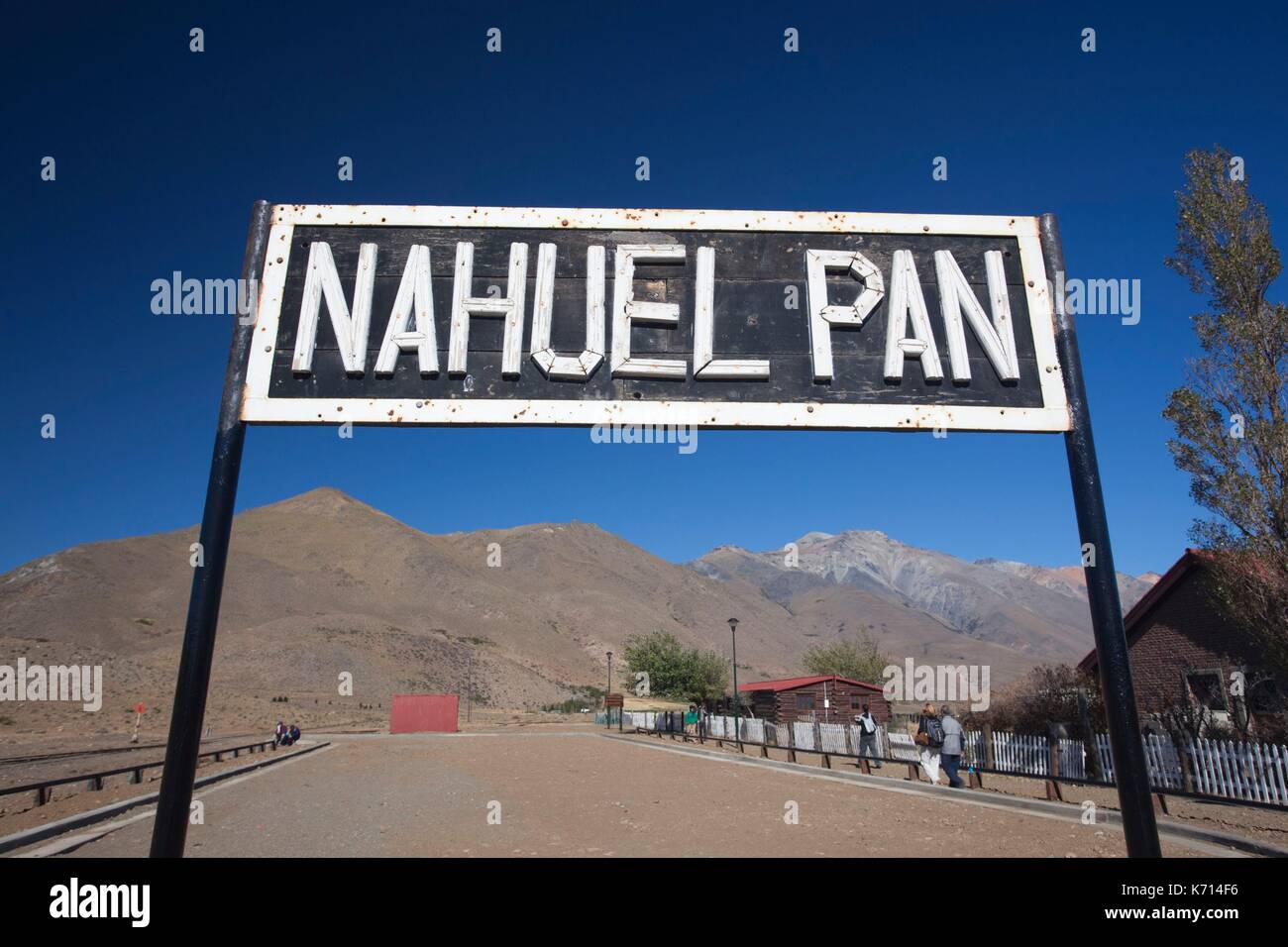 Argentina, Patagonia, Chubut Province, Nahuel Pan, La Trochita narrow guage steam train, Old Patagonian Express, train station sign Stock Photo