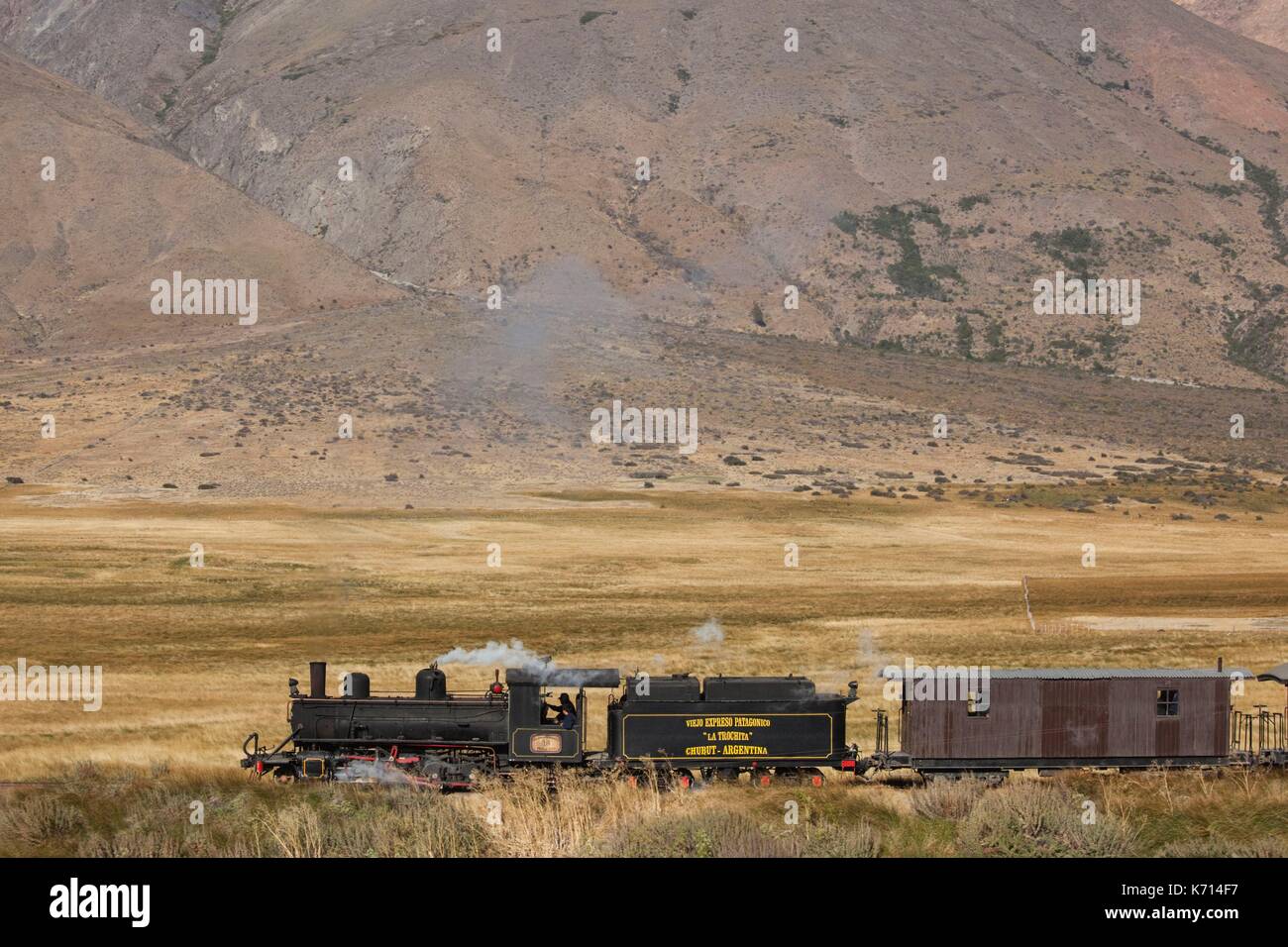 Argentina, Patagonia, Chubut Province, Esquel, La Trochita narrow guage steam train, Old Patagonian Express Stock Photo