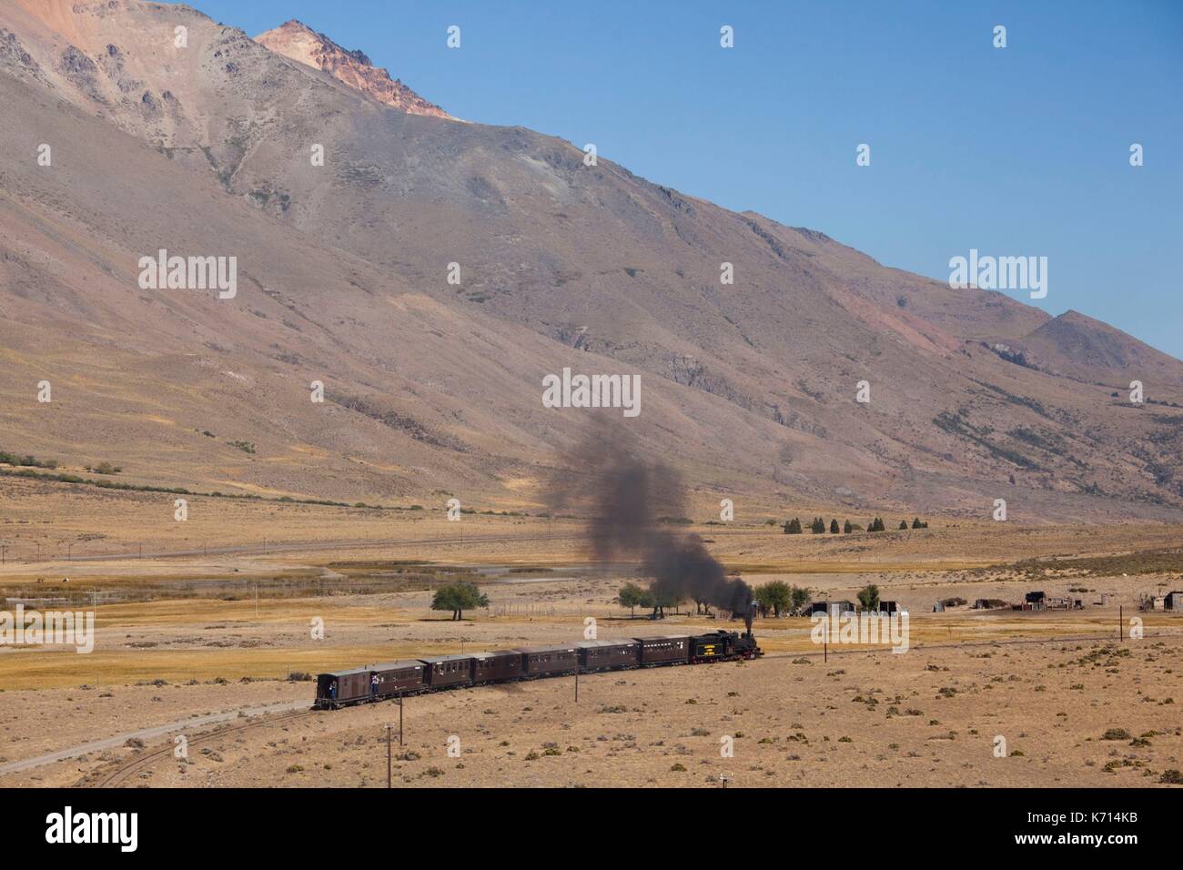 Argentina, Patagonia, Chubut Province, Esquel, La Trochita narrow guage steam train, Old Patagonian Express Stock Photo