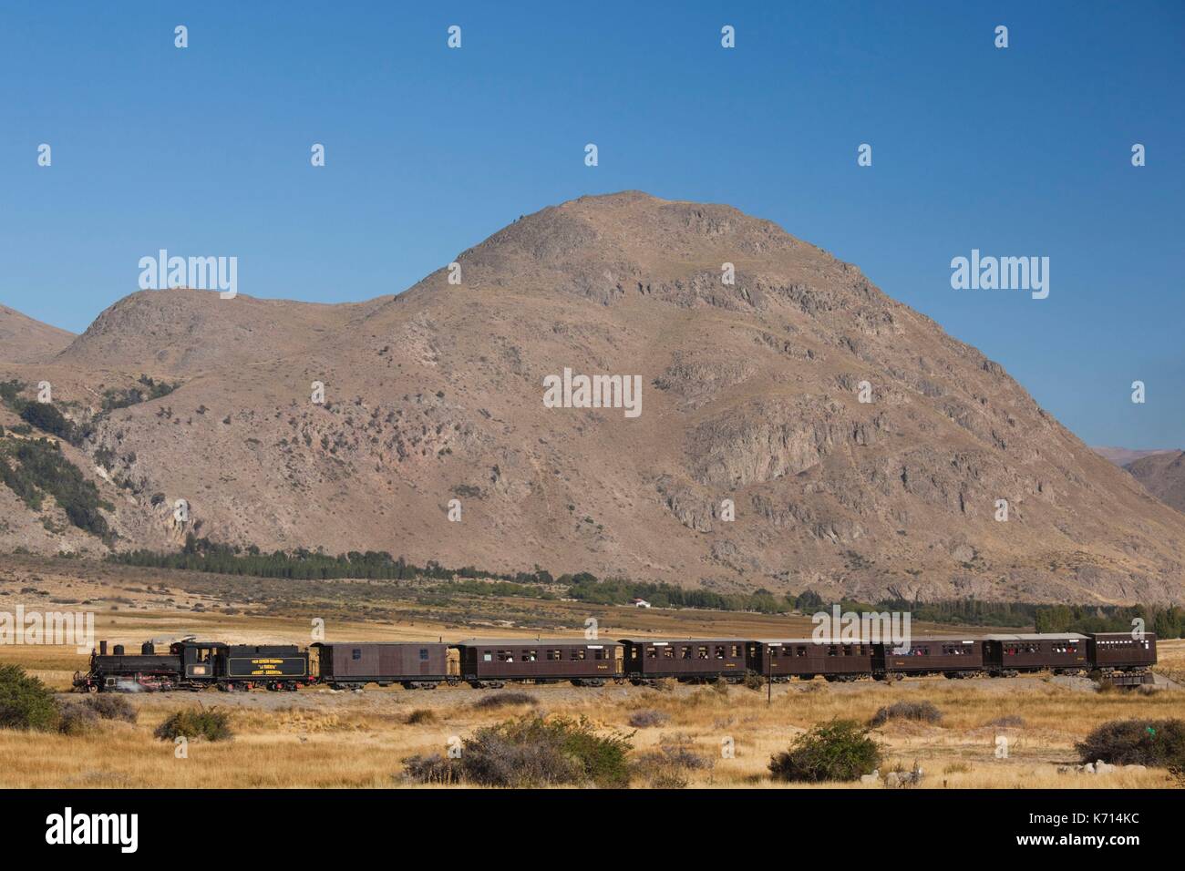 Argentina, Patagonia, Chubut Province, Esquel, La Trochita narrow guage steam train, Old Patagonian Express Stock Photo