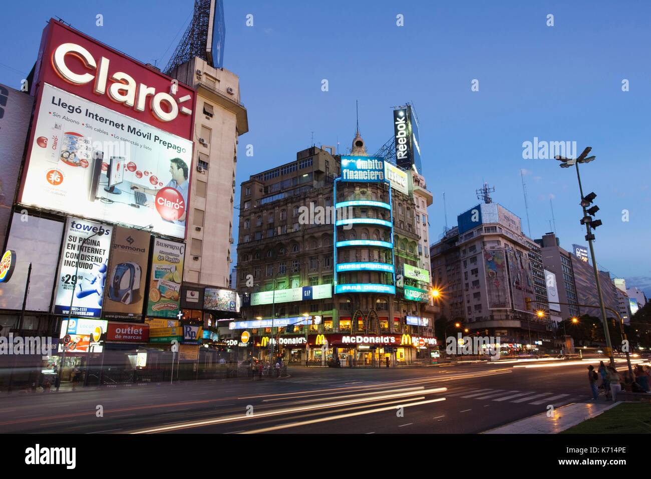 Argentina, Buenos Aires, illuminated signs on Avenida 9 de Julio near Plaza de la Republica Stock Photo
