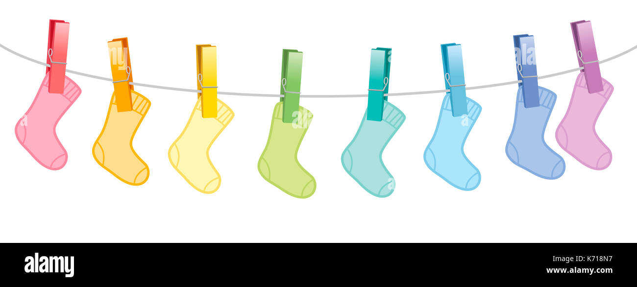 Baby socks on clothes line - rainbow colored cute woolen set clipped with eight colorful clothespins. Isolated comic illustration on white background. Stock Photo