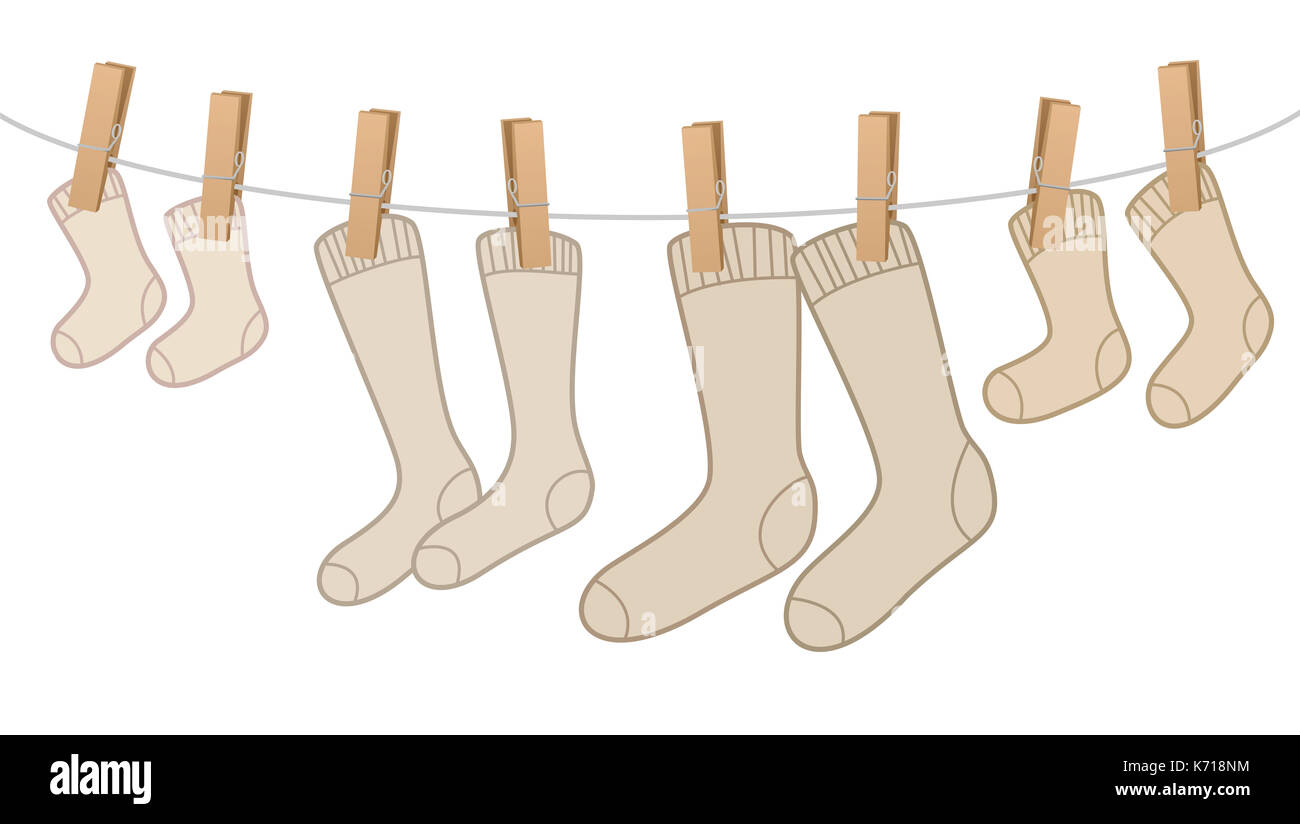 Cotton socks - brown, woolen family pack on clothesline - for mum, dad, kid and baby. Comic illustration on white background. Stock Photo