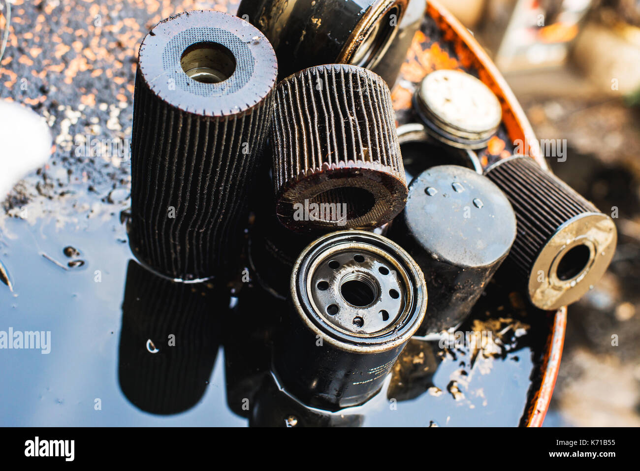 Used oil filters for low depth of field Stock Photo 159226625 Alamy