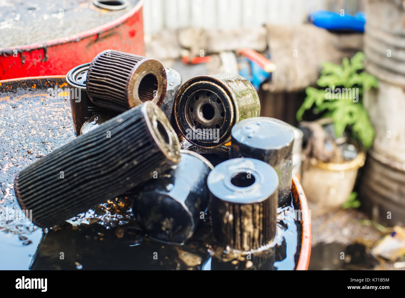Used oil filters for low depth of field Stock Photo Alamy