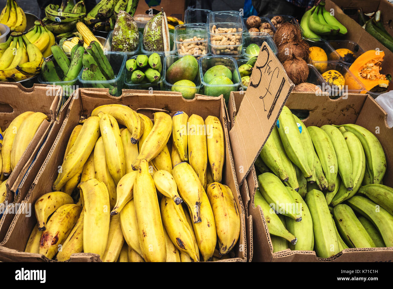 Selection of African Fruits on Market Stall in London Stock Photo
