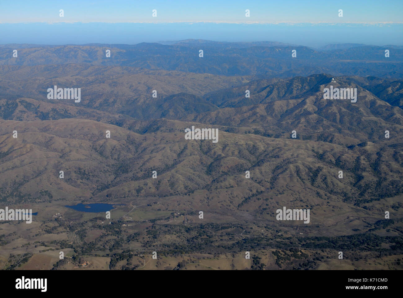 Aerial of the James Lick Observatory on Mt. Hamilton and Joseph D Grant county park, San Jose, California (elevation 4200 ft) CA Stock Photo