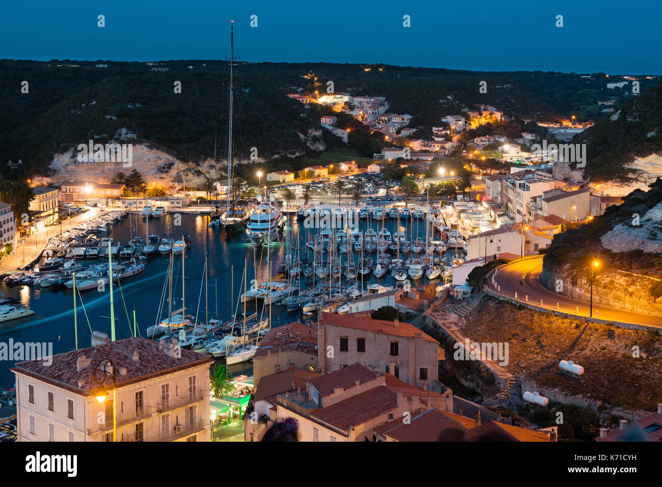 Marina at night, historic city of Bonifacio, Corsica island, France Stock Photo