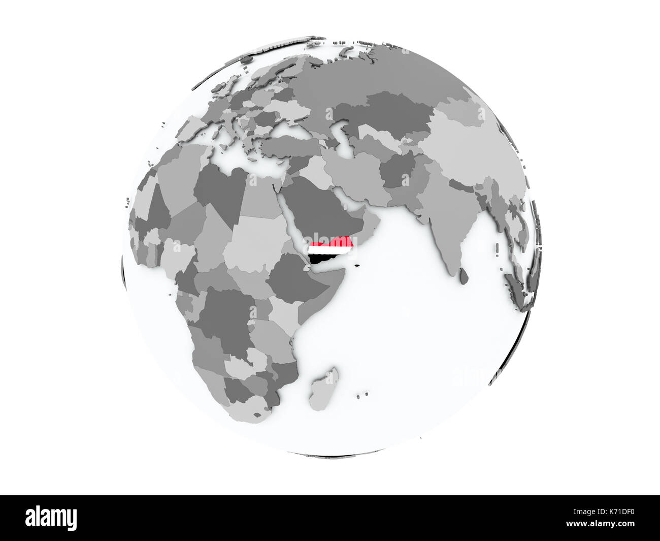 Yemen on political globe with embedded flags. 3D illustration isolated ...