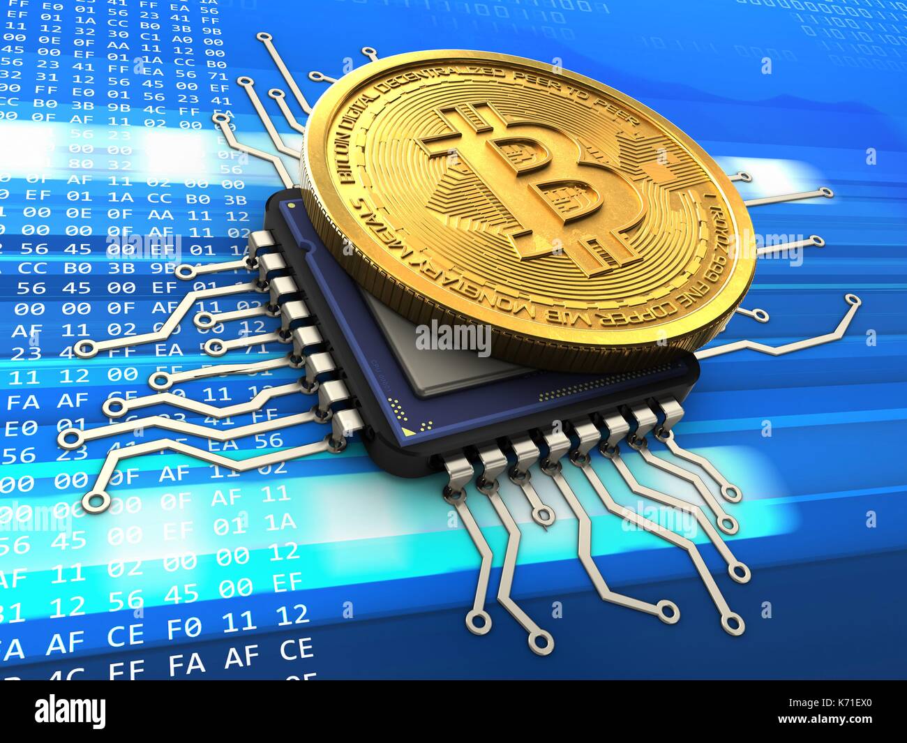 3d illustration of bitcoin over cyber background with cpu Stock Photo ...