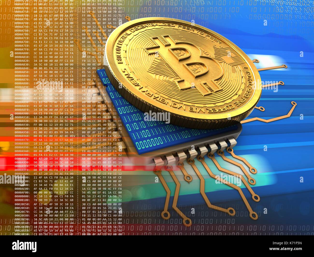 3d illustration of bitcoin over cyber background with cpu orange Stock ...