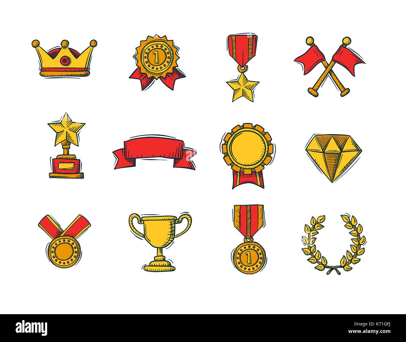 Set of winners color handdrawn icons Stock Vector