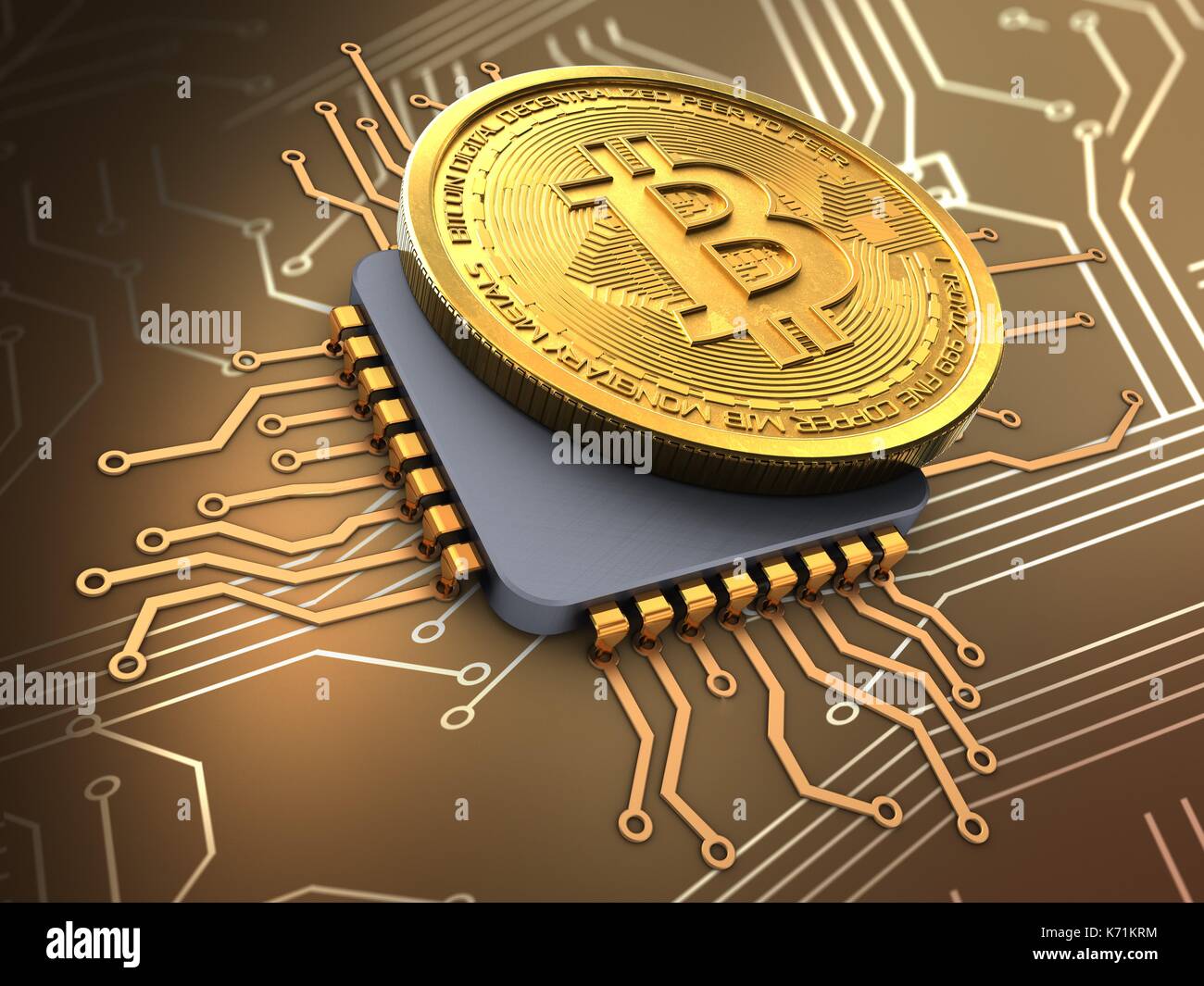 3d illustration of bitcoin over circuit background with cpu Stock Photo