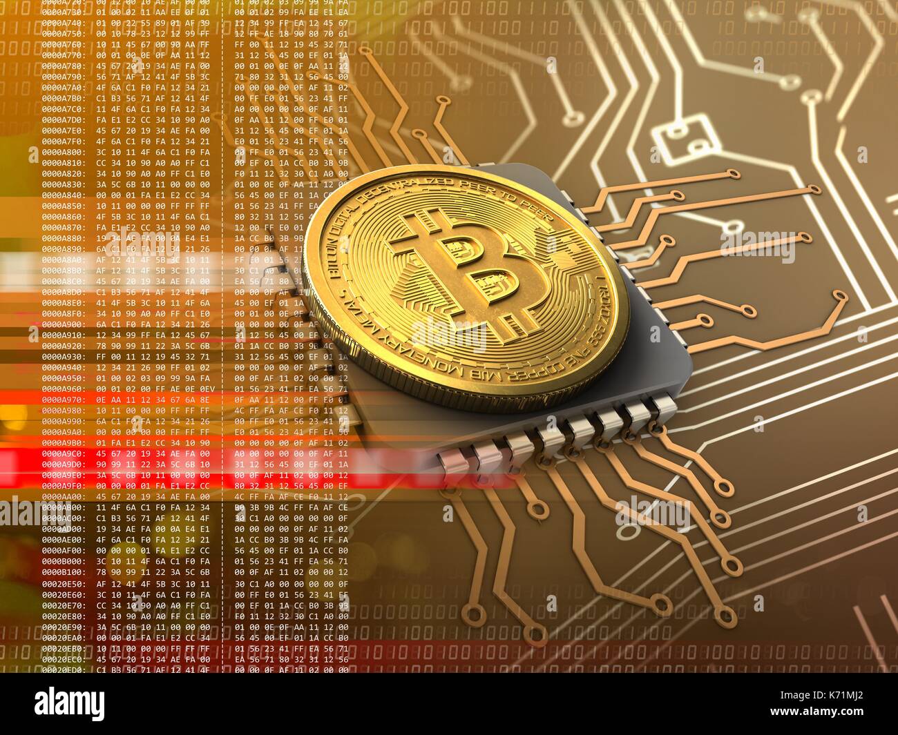 3d illustration of bitcoin over circuit background with cpu orange