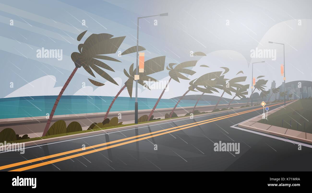 Tornado Incoming From Sea Hurricane In Ocean Huge Wind Over Palm Trees And Road Tropical Natural Disaster Concept Stock Vector