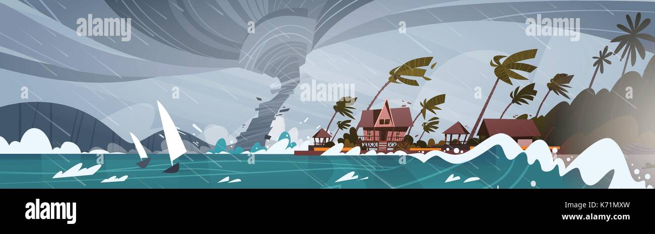 Tornado Incoming From Sea Hurricane In Ocean Huge Waves On Houses On Coast Tropical Natural Disaster Concept Stock Vector