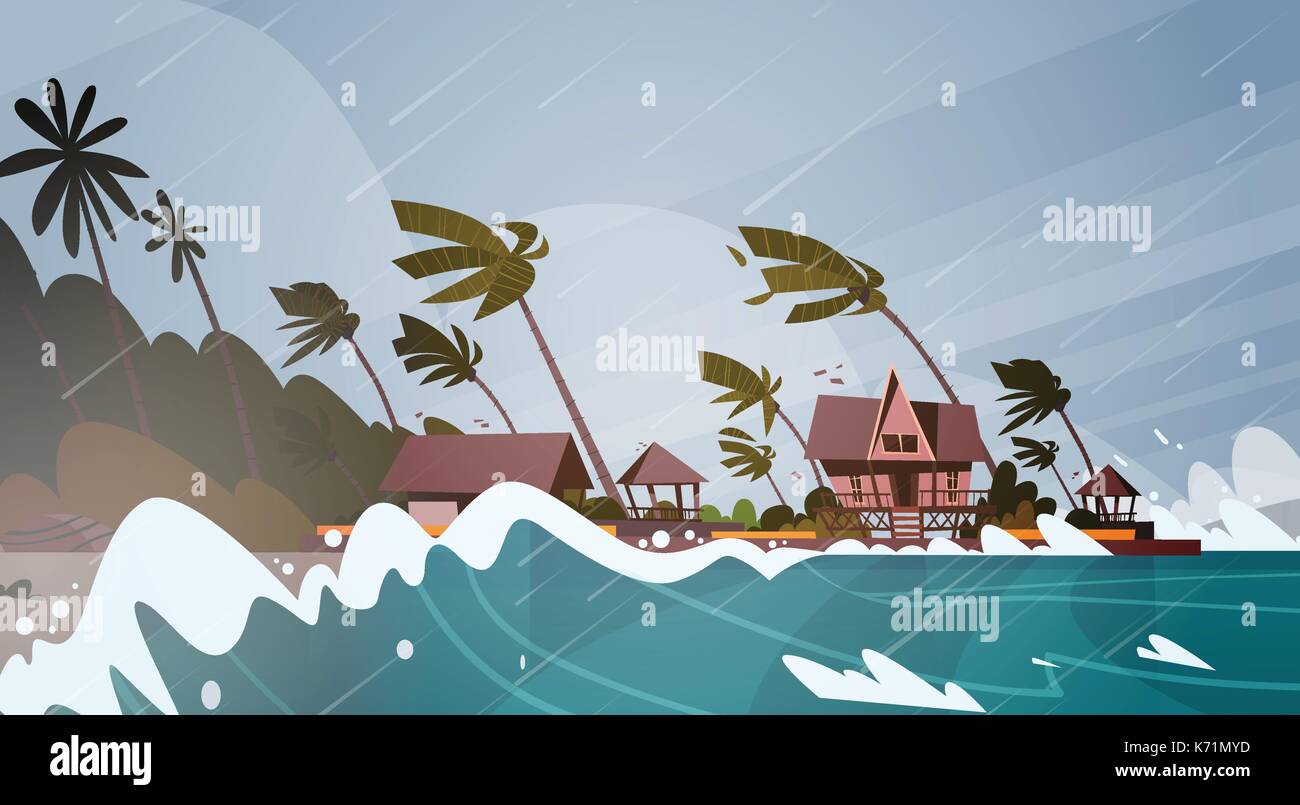 Tornado Incoming From Sea Hurricane In Ocean Huge Waves On Houses On Coast Tropical Natural Disaster Concept Stock Vector