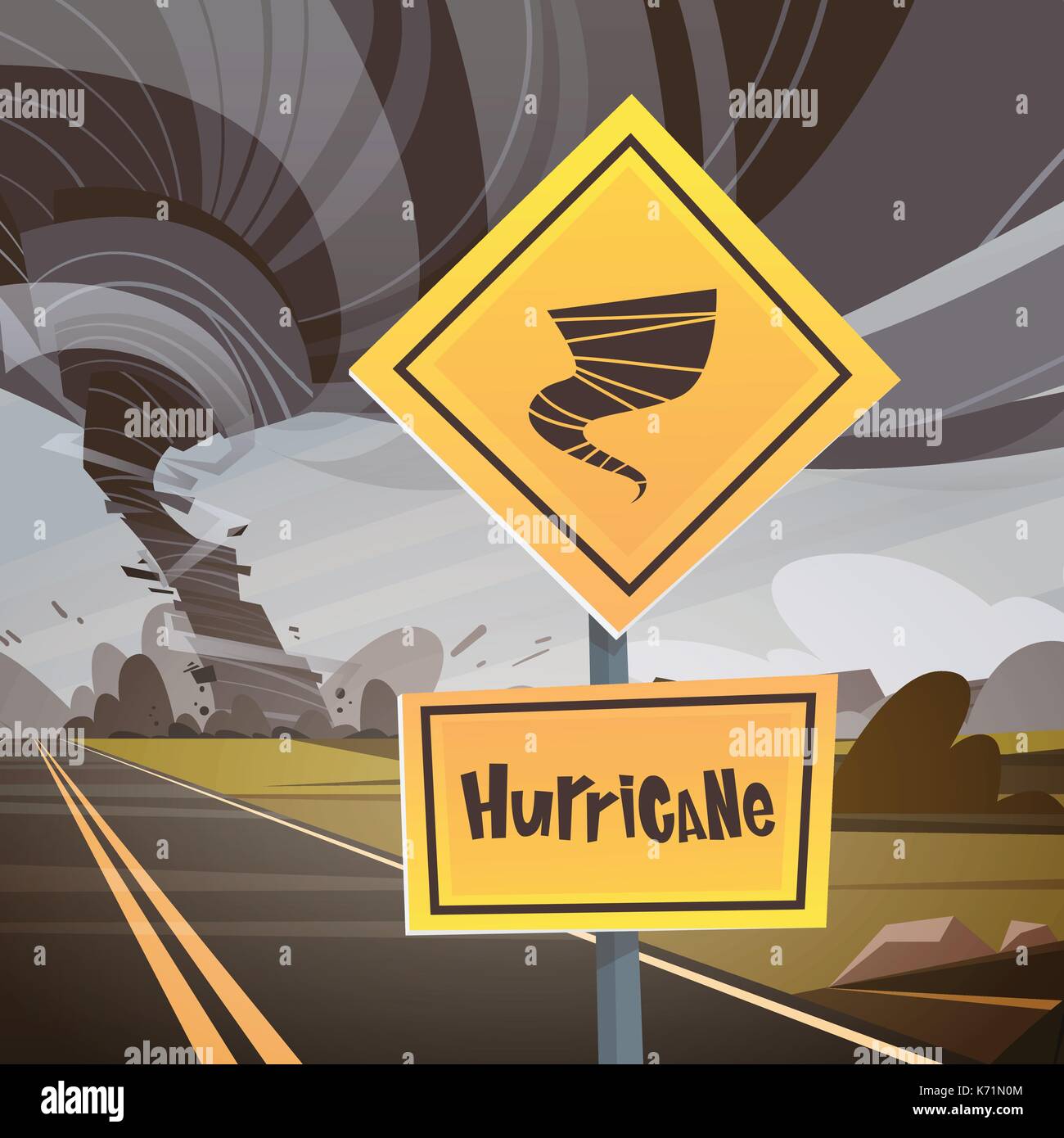 Road Sign Warning About Tornado, Twister Hurricane Countryside Wind