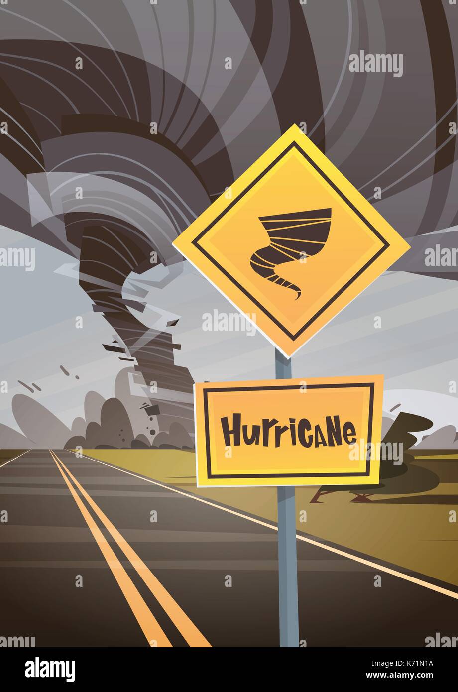 Road Sign Warning About Tornado, Twister Hurricane Countryside Wind