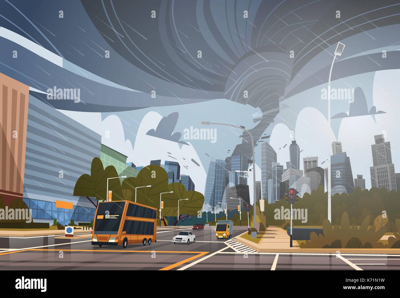 Swirling Tornado In City Destroy Buildings Hurricane Danger Huge Wind Waterspout Twister Storm Natural Disaster Concept Stock Vector