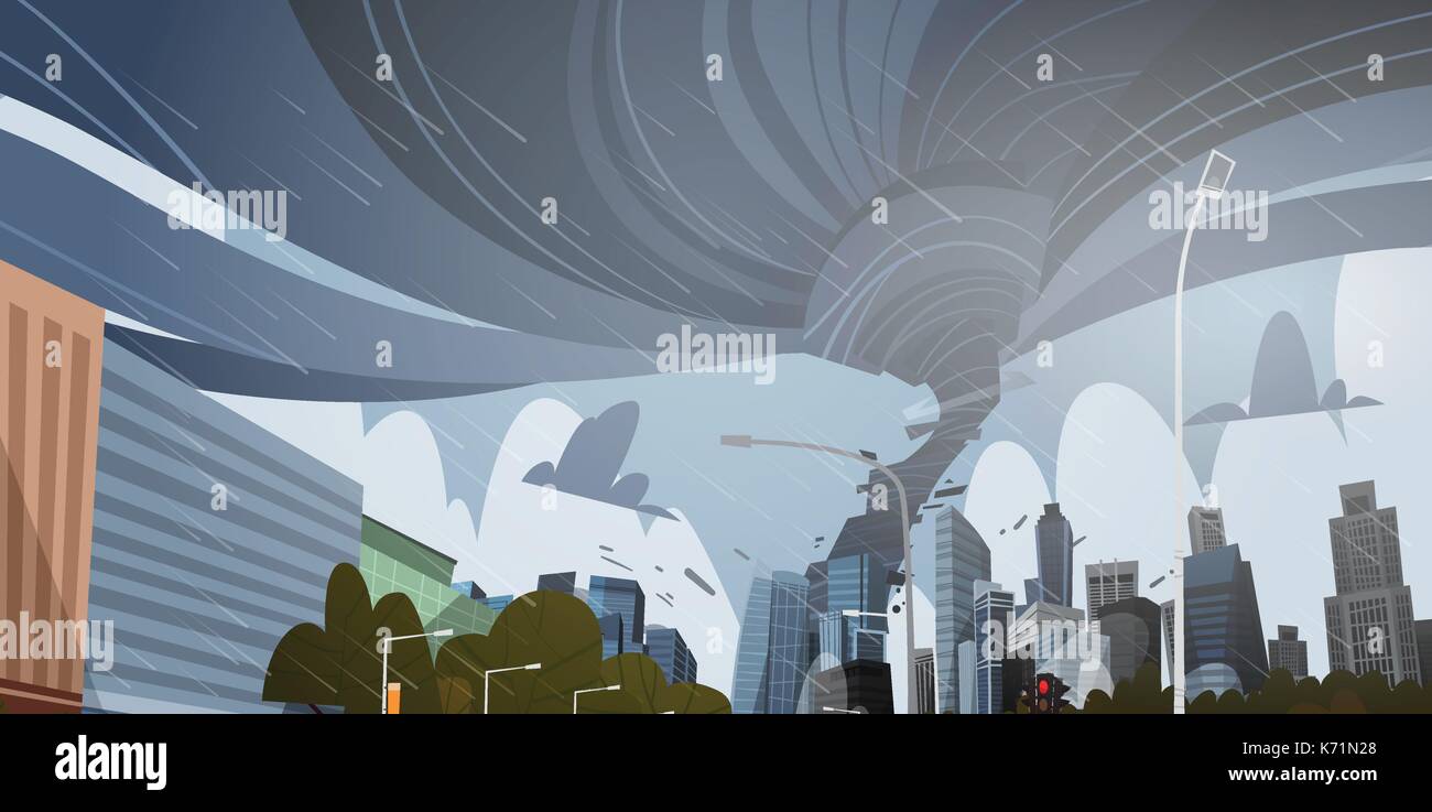 Swirling Tornado In City Destroy Buildings Hurricane Danger Huge Wind Waterspout Twister Storm Natural Disaster Concept Stock Vector