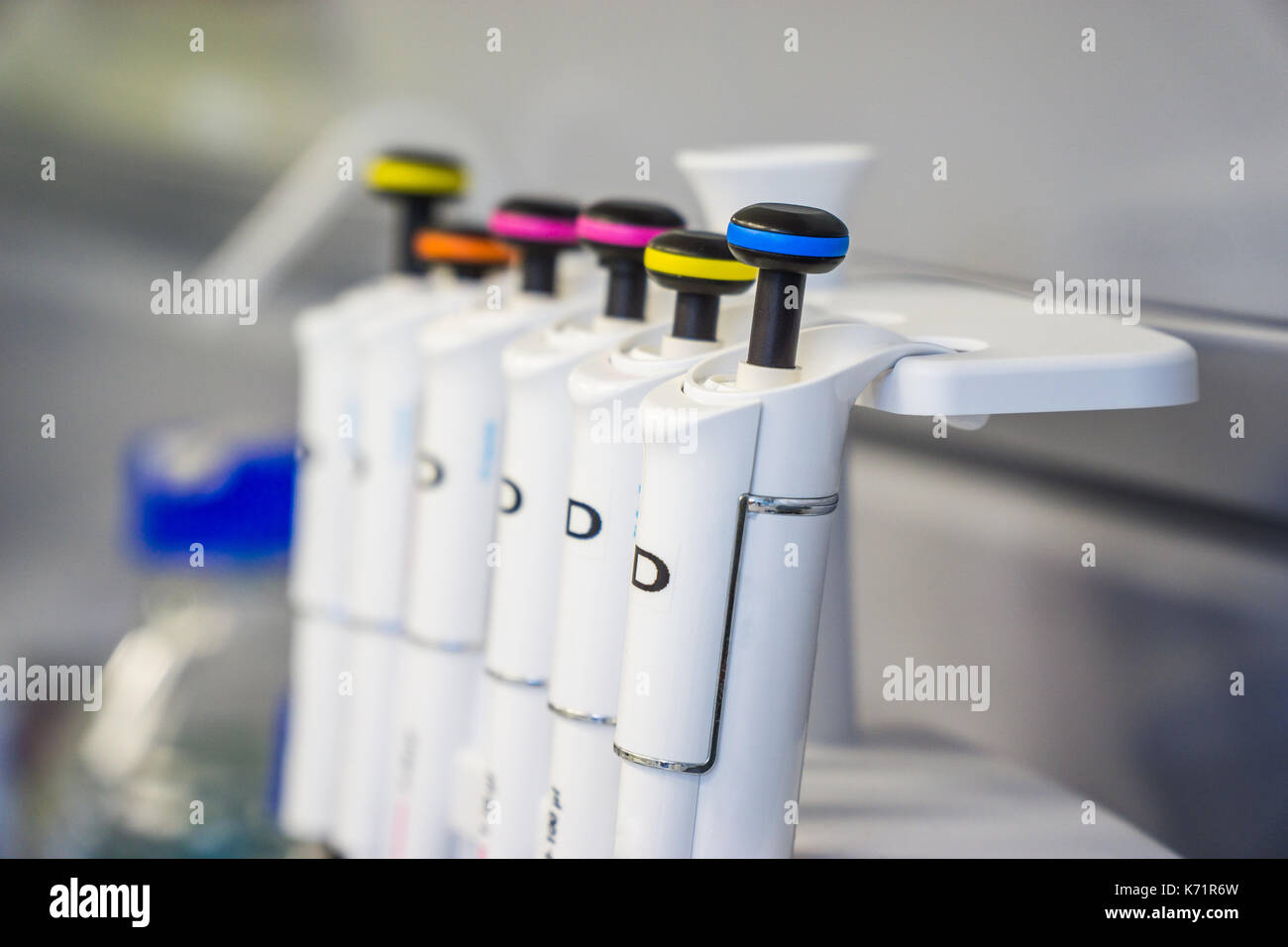 Laboratory work with professional pipetts. Cell splitting work. Stock Photo