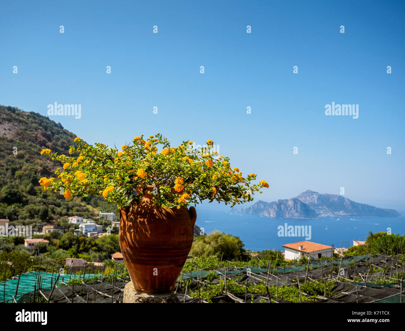 View towards Capri from the town of Termini on the Sorrento peninsula ...