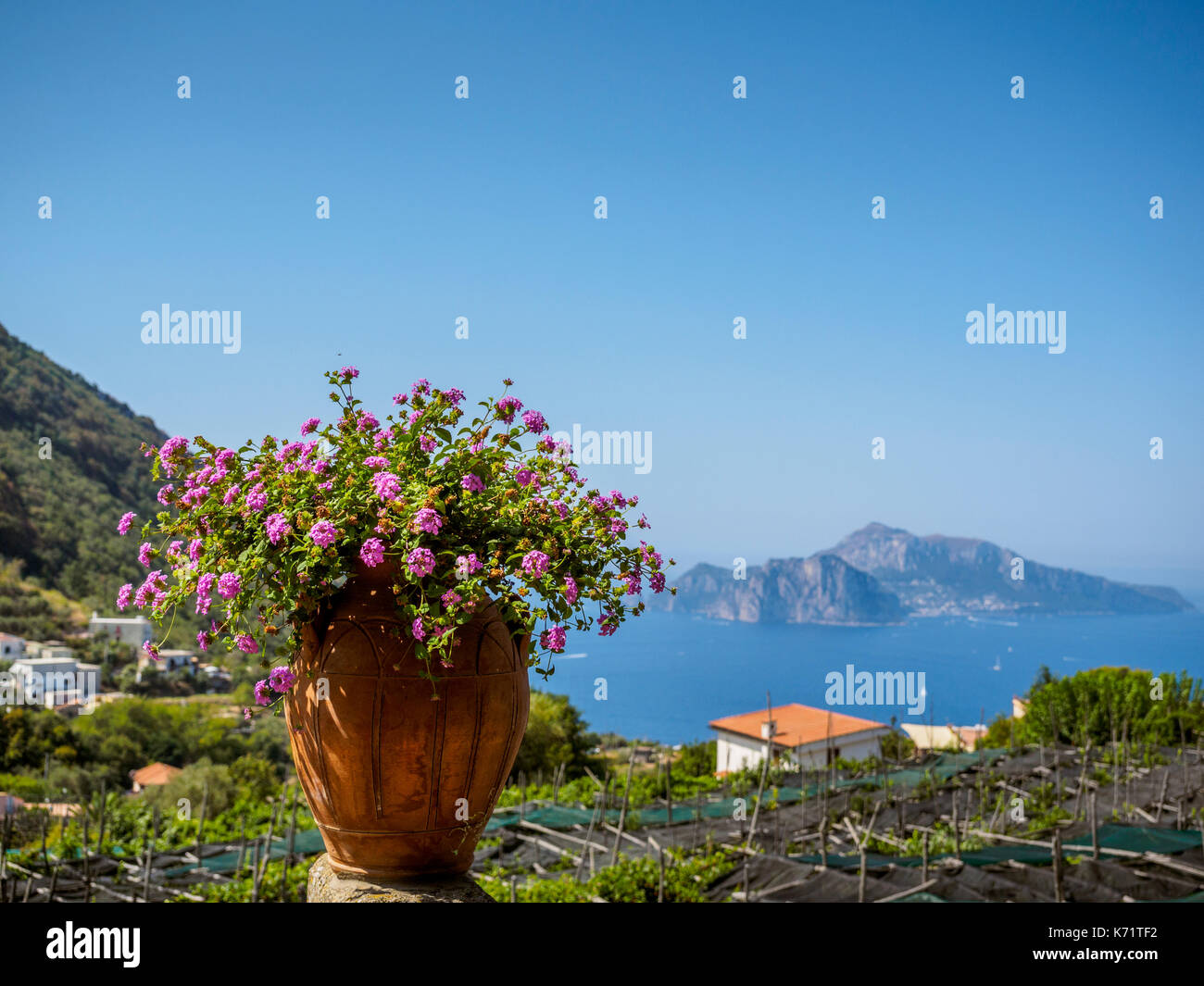 View towards Capri from the town of Termini on the Sorrento peninsula ...