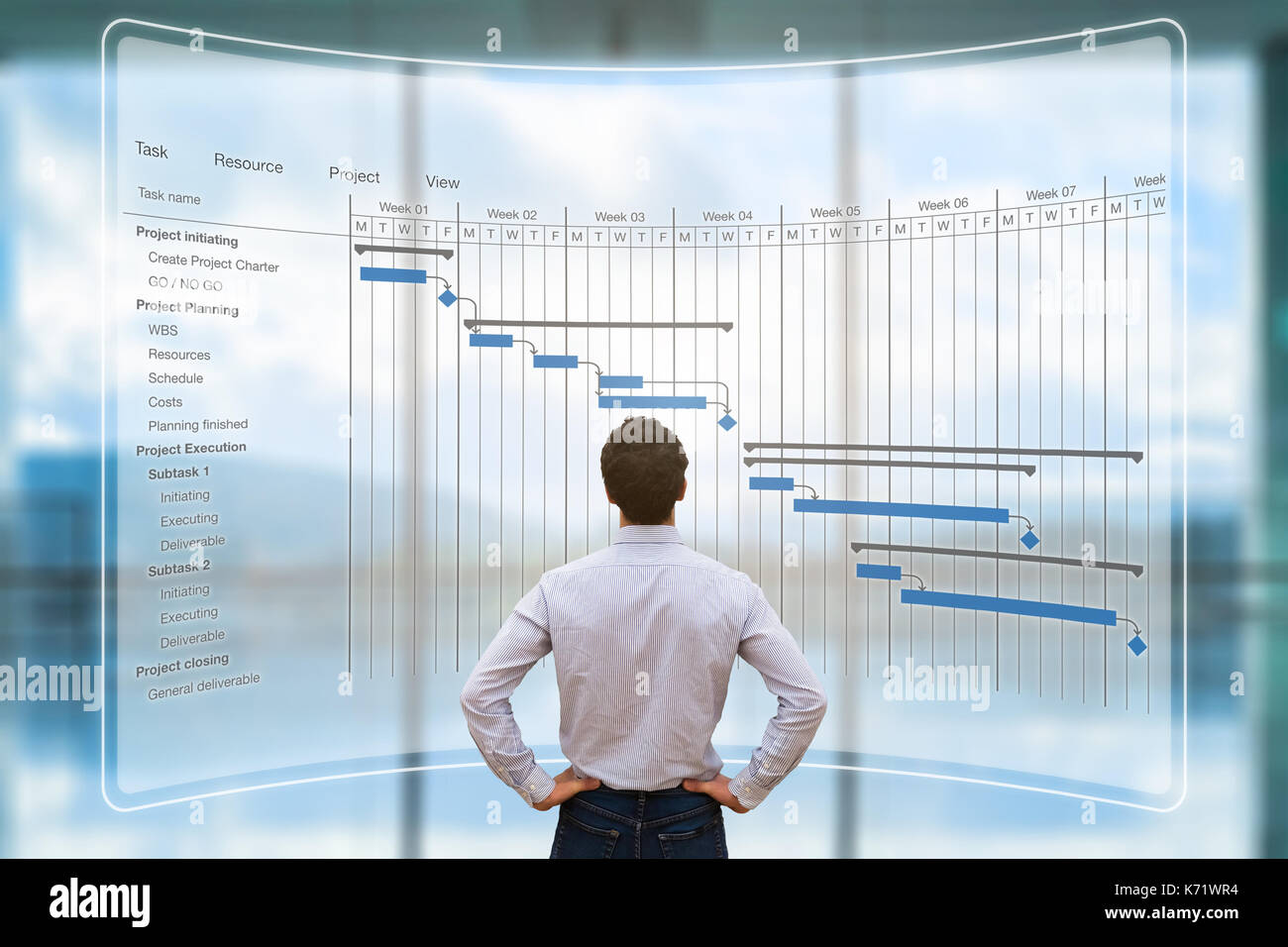 Project manager looking at AR screen with Gantt chart schedule or planning showing tasks and deadlines Stock Photo