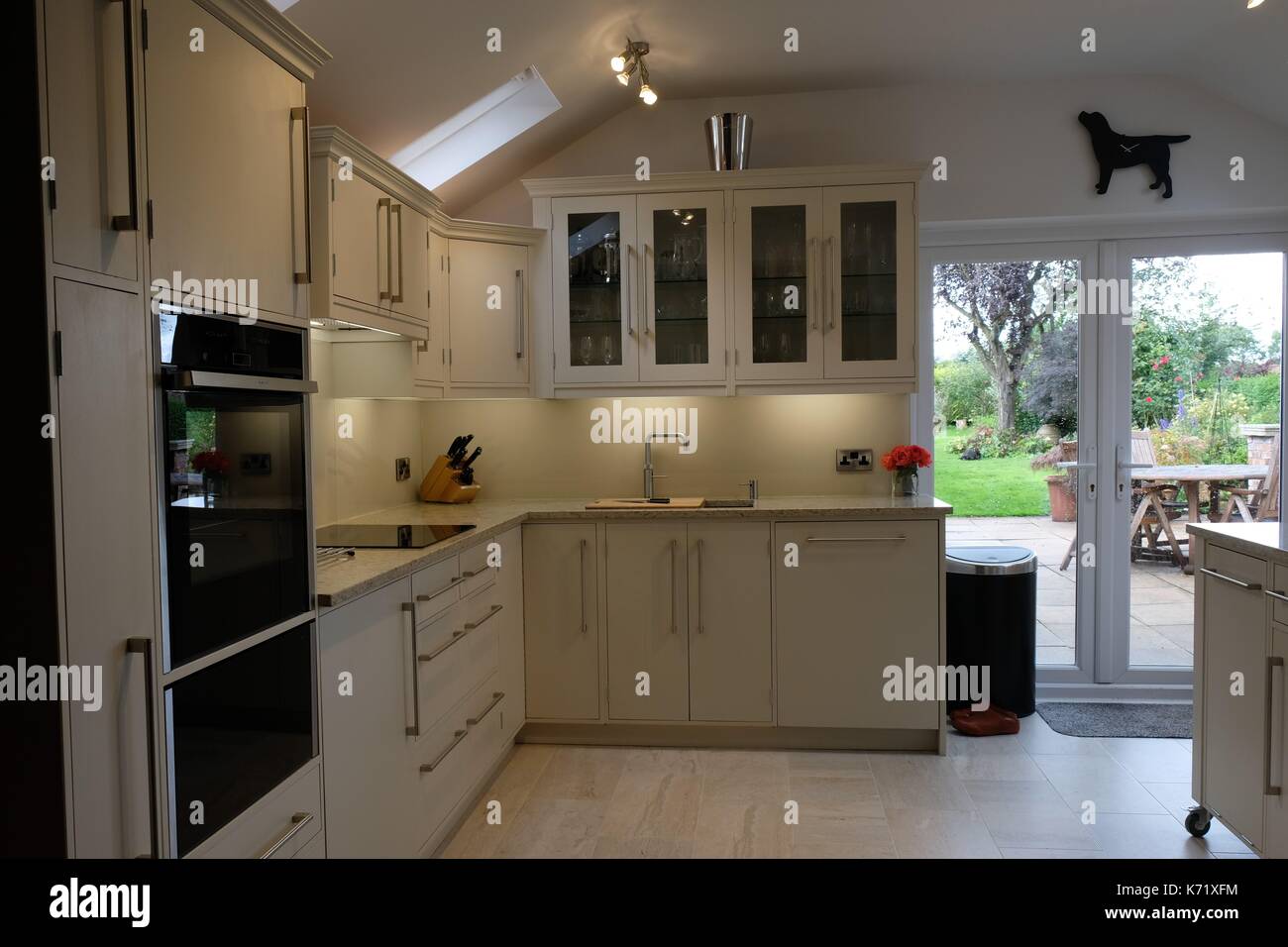 Contemporary kitchen,  Period House, Clean and Uncluttered, Modern, Grey Finnish, Bespoke, Design, Victorian House, Cheshire, England, Granite. Stock Photo