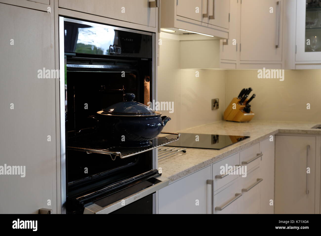 Contemporary kitchen,  Period House, Clean and Uncluttered, Modern, Grey Finnish, Bespoke, Design, Victorian House, Cheshire, England, Granite. Stock Photo