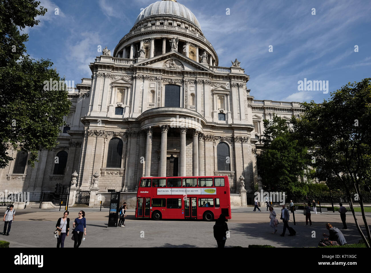 Iconic red Routemaster double-decker bus in front of the St. Paul's Cathedral, London, UK Stock Photo