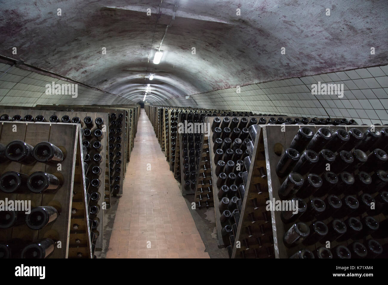 Sparkling wine glass bottles fermenting in winery cellar Stock Photo Alamy