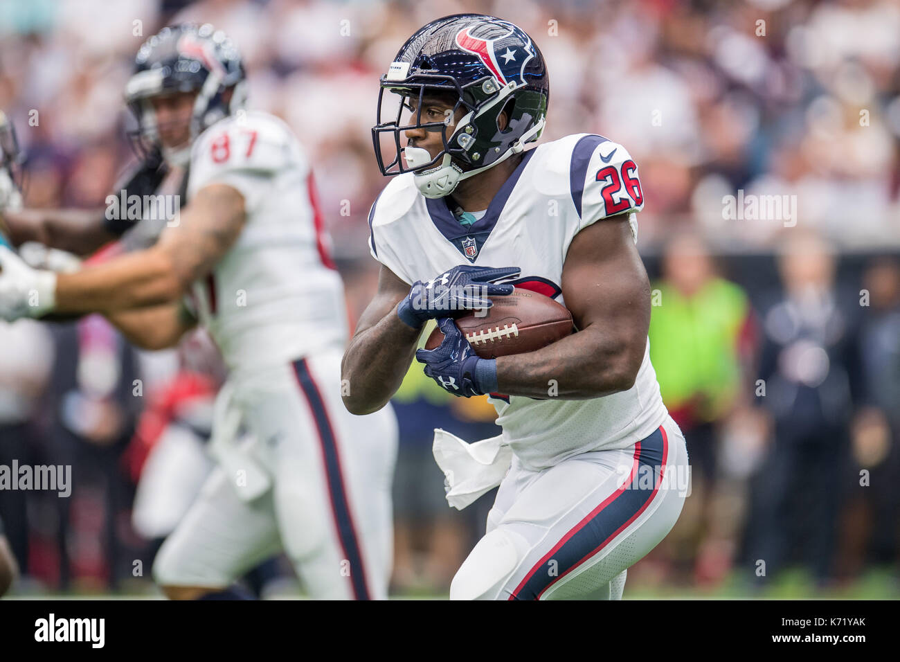 Houston, TX, USA. 10th Sep, 2017. Houston Texans running back Lamar Miller (26) carries the ball during the 1st quarter of an NFL football game between the Houston Texans and the Jacksonville Jaguars at NRG Stadium in Houston, TX. The Jaguars won the game 29-7.Trask Smith/CSM/Alamy Live News Stock Photo