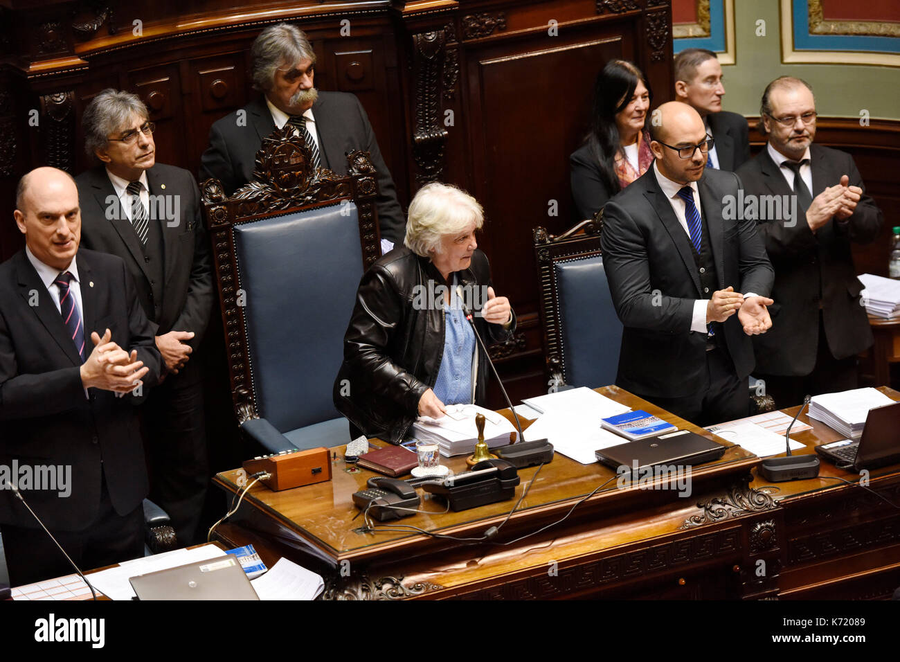 Montevideo, Uruguay. 13th Sep, 2017. Uruguay's new Vice President and President of the Parliament's General Assembly Lucia Topolansky (C) takes part in a session in the Legislative Palace in Montevideo, Uruguay, on Sept. 13, 2017. Senator Lucia Topolansky, wife of former President Jose Mujica, became the new vice president of the country on Wednesday, after the Parliament's General Assembly accepted the resignation of Raul Sendic. Credit: Nicolas Celaya/Xinhua/Alamy Live News Stock Photo
