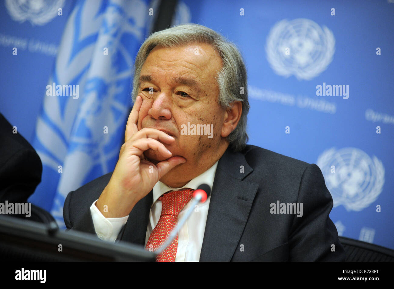New York, Usa, USA. 13th Sep, 2017. United Nations Secretary-General - António Guterres speaks during a press briefing ahead of the United Nations General Assembly meeting, Guterres spoke about the situation in Myanmar, North Korea and elsewhere in UN headquarters in Manhattan of New York, United States on September 13, 2017. Credit: Mpi122/Media Punch/Alamy Live News Stock Photo