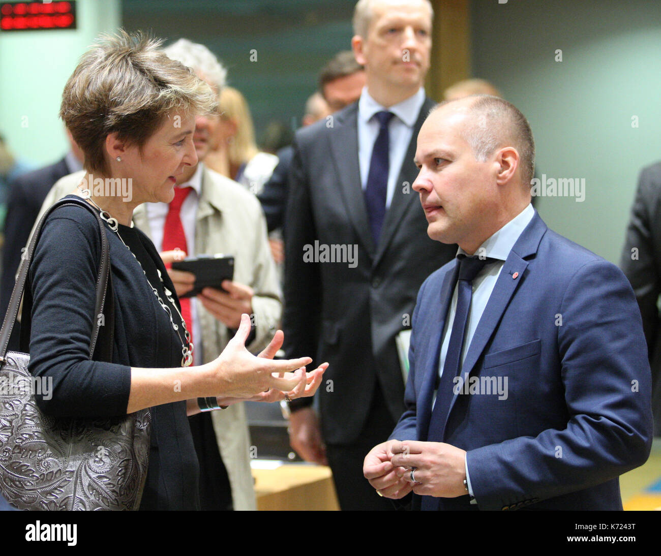 Brussels, Belgium. 14th Sep, 2017. Simoneta Sommaruga Minister for the Interior of Switzerland and Morgan Johansoon Minister for Justice and Home Affairs of Sweden. Credit: Leo Cavallo/Alamy Live News Stock Photo