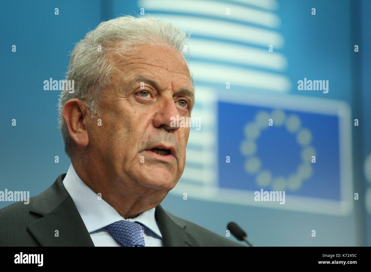 Brussels, Belgium. 14th Sep, 2017. Dimitris Avramopoulos European Commissioner for Migration and Citizenship during the prress conference Credit: Leo Cavallo/Alamy Live News Stock Photo