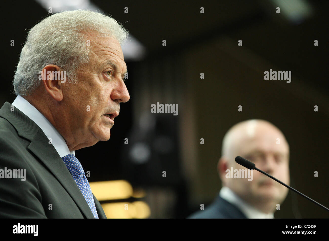 Brussels, Belgium. 14th Sep, 2017. Dimitris Avramopoulos European Commissioner for Migration and Citizenship during the press conference Credit: Leo Cavallo/Alamy Live News Stock Photo