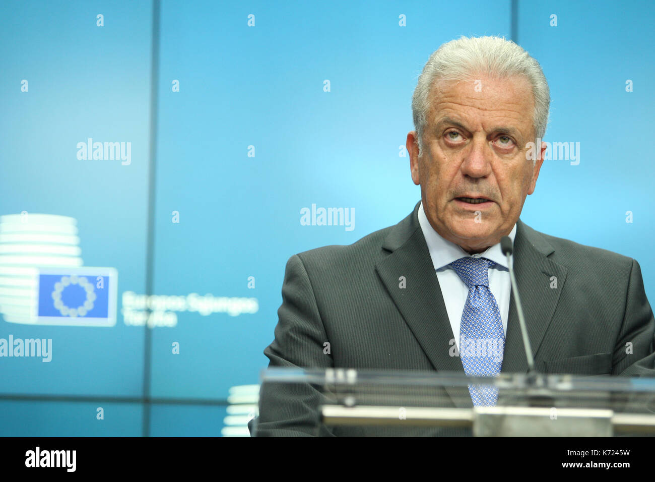 Brussels, Belgium. 14th Sep, 2017. Dimitris Avramopoulos European Commissioner for Migration and Citizenship during the press conference Credit: Leo Cavallo/Alamy Live News Stock Photo