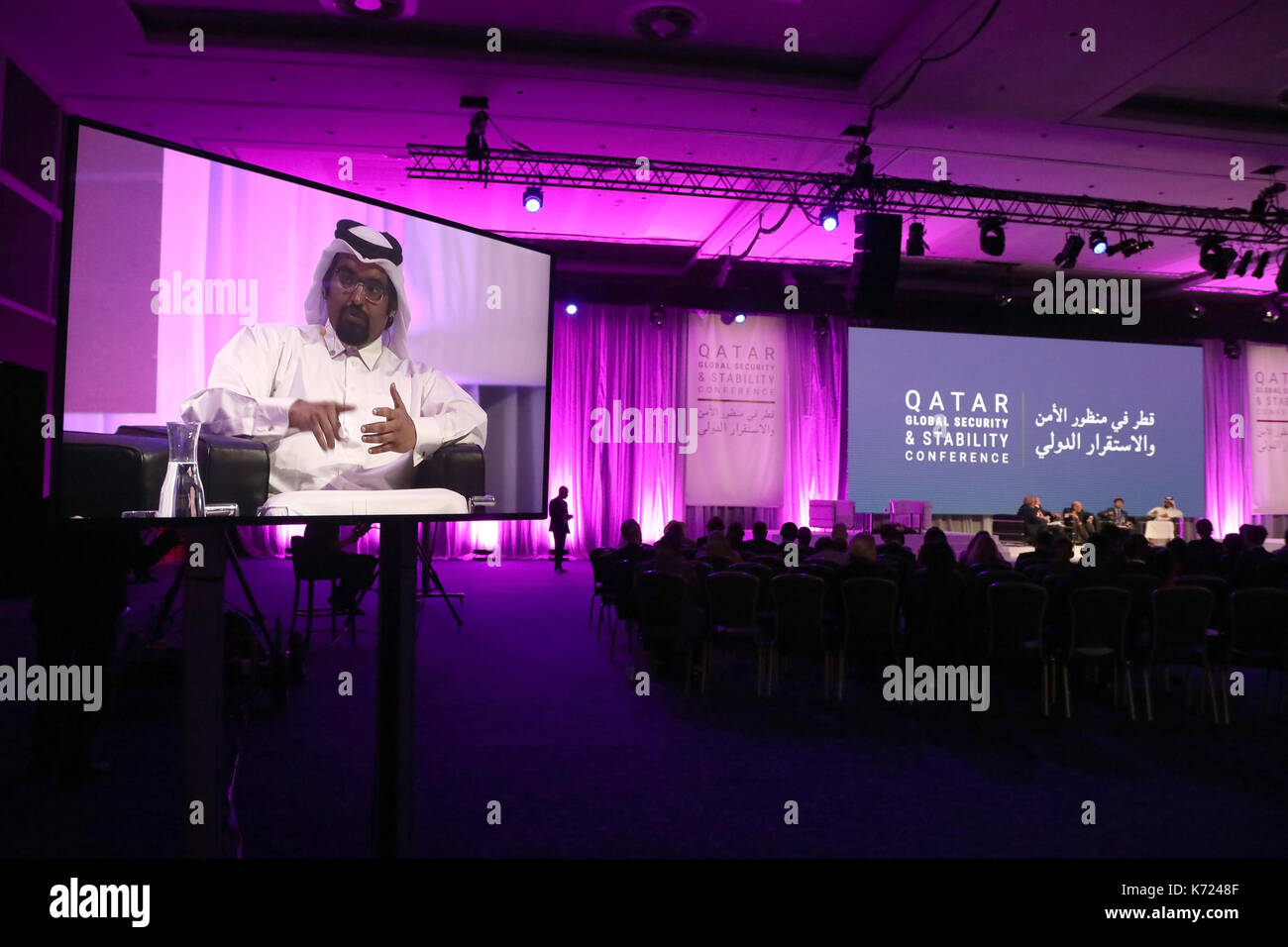 London, UK. 14th Sep, 2017. Khalid al-Hail, president of the Qatar National Democratic Party, an opposition group, speaking during a panel discussion at the Qatar Global Security & Stability Conference in London on 14 September 2017. Credit: Dominic Dudley/Alamy Live News Stock Photo