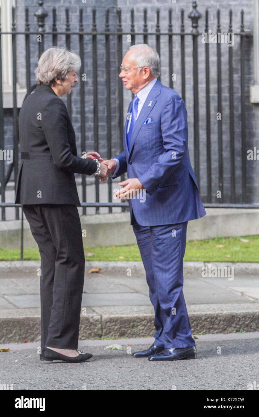 London, UK. 14th Sep, 2017. British Prime Minister Theresa May welcomes Najib Razak Prime Minister of Malaysia on the steps of No 10 Downing Street Credit: amer ghazzal/Alamy Live News Stock Photo