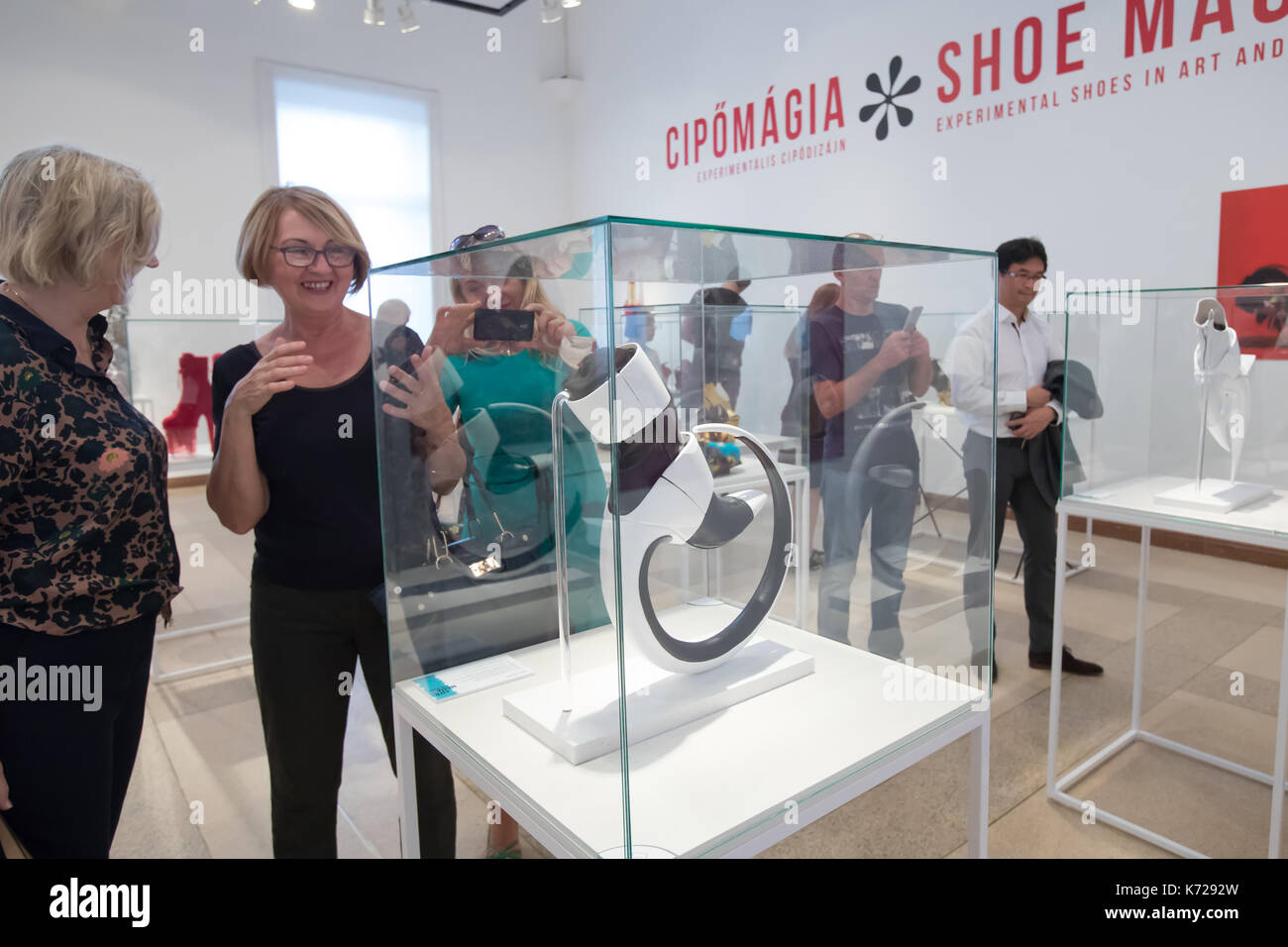 Budapest, Hungary. 14th Sep, 2017. Artwork 'Ring' by Dutch designer Peter Popps is seen on display at the media preview of Shoe Magic experimental shoe design exhibition in Budapest, Hungary on Sept. 14, 2017. The exhibits belong to the Hague Virtual Shoe Museum. Credit: Attila Volgyi/Xinhua/Alamy Live News Stock Photo