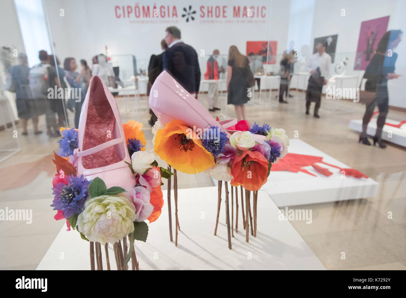 Budapest, Hungary. 14th Sep, 2017. Artwork 'Walk on a Field of Flowers' by Dutch designer Joyce de Gruiter is seen on display at the media preview of Shoe Magic experimental shoe design exhibition in Budapest, Hungary on Sept. 14, 2017. The exhibits belong to the Hague Virtual Shoe Museum. Credit: Attila Volgyi/Xinhua/Alamy Live News Stock Photo