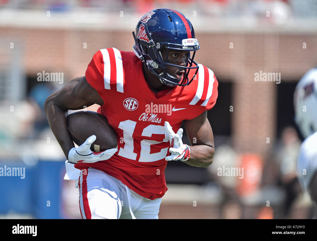 Oxford, MS, USA. 9th Sep, 2017. Mississippi receiver Van Jefferson turns upfield during the fourth quarter of a NCAA college football game against Tennessee-Martin at Vaught-Hemmingway Stadium in Oxford, MS. Mississippi won 45-23. Austin McAfee/CSM/Alamy Live News Stock Photo